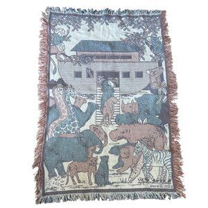 Tapestry Blanket Noahs Ark Throw Animals Fringe Vintage 1992 MWW 28x42"